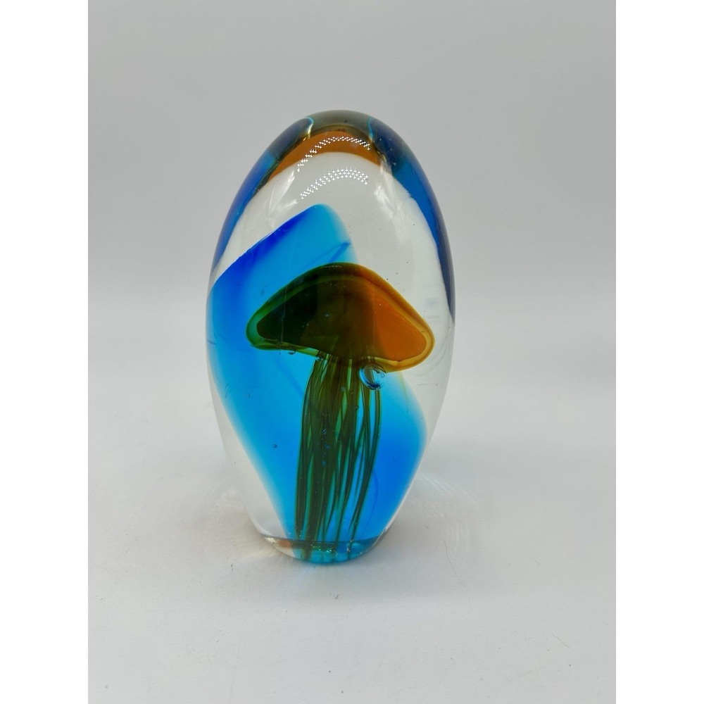 Jellyfish Inclusion 6" Paperweight Art Glass Egg-shaped Orange Blue Nautical